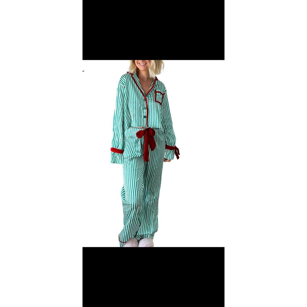 Women’s Pajama Set XL Green White Striped Button-Down Top & Pants